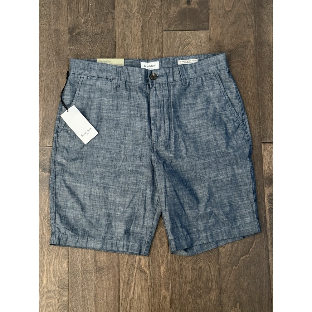 NWT Goodfellow Everyday Blue Chambray Denim Shorts Size 32W Flat Front 9” Inseam